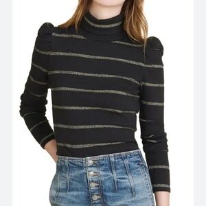 VERONICA BEARD  Cedar Metallic Stripe Puff Sleeve Turtleneck Top Black Sz M NEW